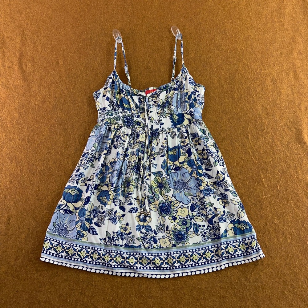 Angie Womens Large Blue Floral Smocked Back Rayon Tank Top New
